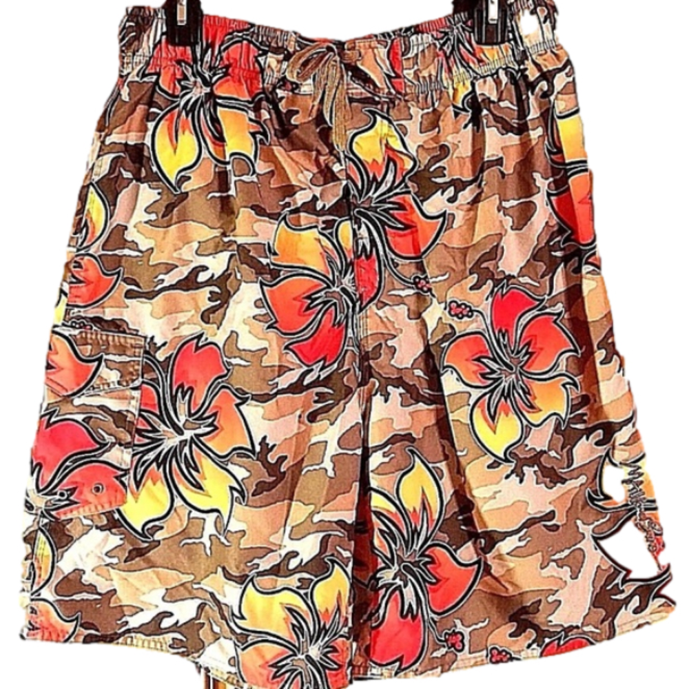 Maui & Sons Board Shorts Swim Trunks Orange Yellow Floral L